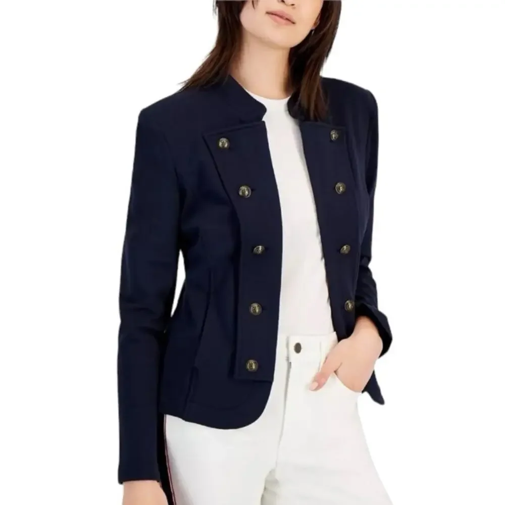 Tommy Hilfiger Military Jacket Navy Gold Button Cropped Blazer Size M
